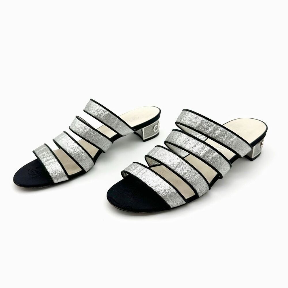 CHANEL 2018 Silver Glitter Black Leather Slide Heels Size 39.5 Strappy Mules - Picture 12 of 12